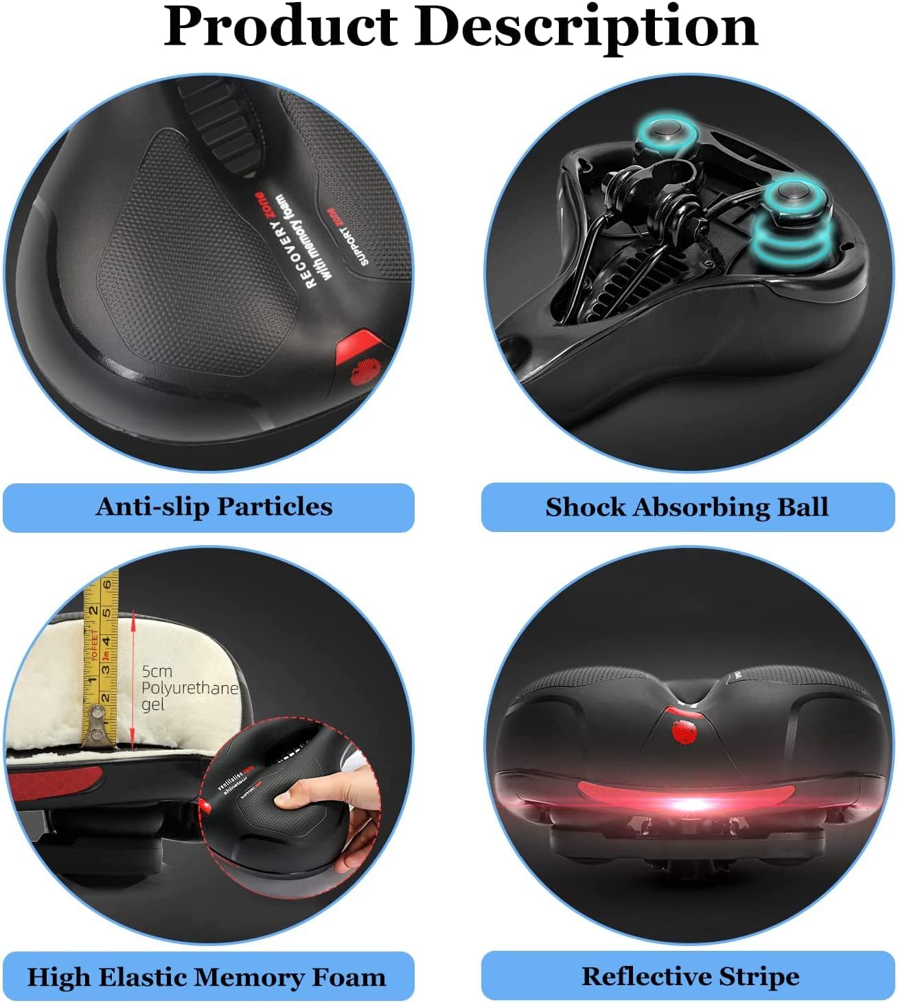 Bicycle Saddle Comfortable Seat Cushion for Men Women with Dual Shock Absorbing Ball Memory Foam Waterproof Wide Bicycle Saddle
